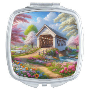 Colorful spring/floral covered bridge & river compact mirror