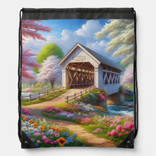Colorful spring/floral covered bridge & river drawstring bag