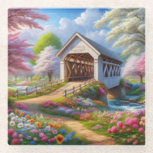 Colorful spring/floral covered bridge & river glass coaster
