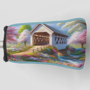 Colorful spring/floral covered bridge & river golf head cover