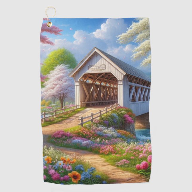 Colorful spring/floral covered bridge & river golf towel (Front)
