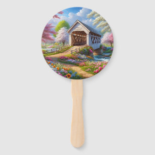 Colorful spring/floral covered bridge & river hand fan