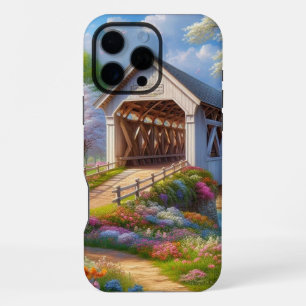 Colorful spring/floral covered bridge & river iPhone 16 pro max case