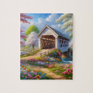 Colorful spring/floral covered bridge & river jigsaw puzzle
