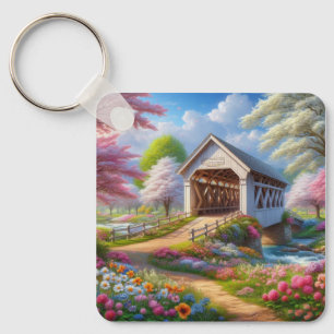 Colorful spring/floral covered bridge & river keychain