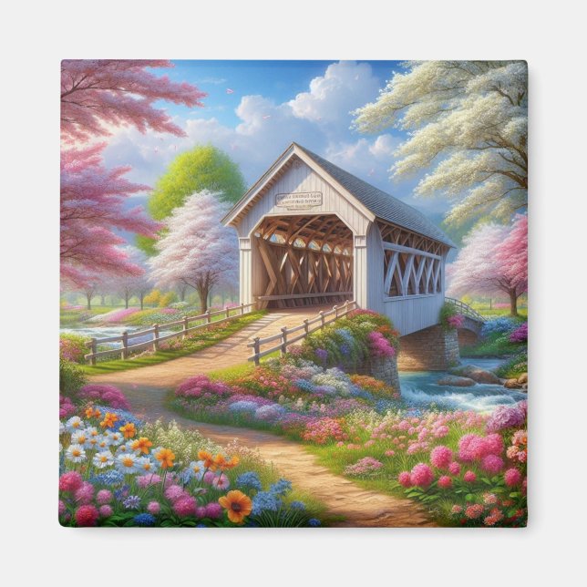Colorful spring/floral covered bridge & river magnet (Front)