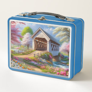 Colorful spring/floral covered bridge & river metal lunch box