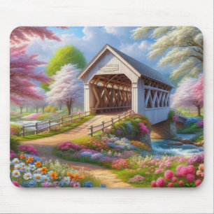 Colorful spring/floral covered bridge & river mouse pad