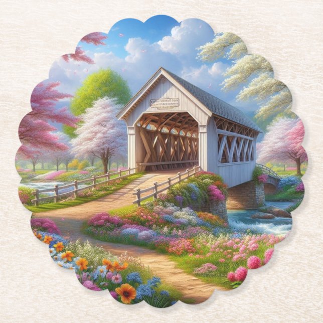 Colorful spring/floral covered bridge & river paper coaster (Front)
