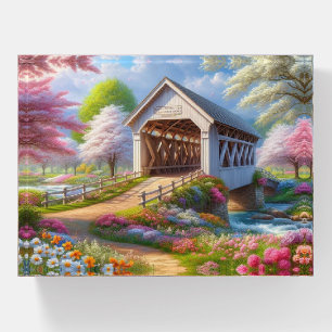 Colorful spring/floral covered bridge & river paperweight