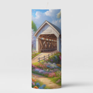 Colorful spring/floral covered bridge & river pillar candle