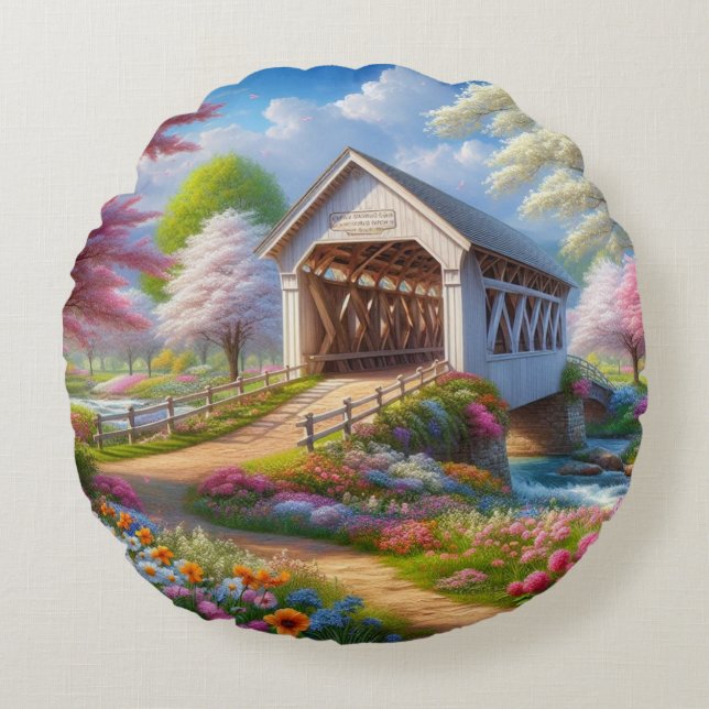 Colorful spring/floral covered bridge & river round pillow (Front)