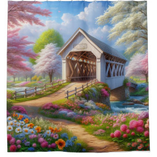Colorful spring/floral covered bridge & river shower curtain