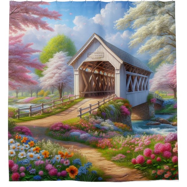 Colorful spring/floral covered bridge & river shower curtain (Front)