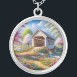 Colorful spring/floral covered bridge & river silver plated necklace<br><div class="desc">.</div>
