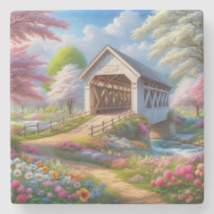 Colorful spring/floral covered bridge & river stone coaster