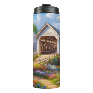 Colorful spring/floral covered bridge & river thermal tumbler