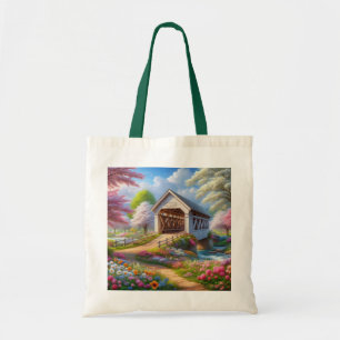 Colorful spring/floral covered bridge & river tote bag