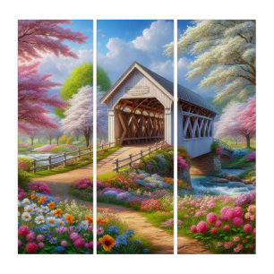 Colorful spring/floral covered bridge & river triptych