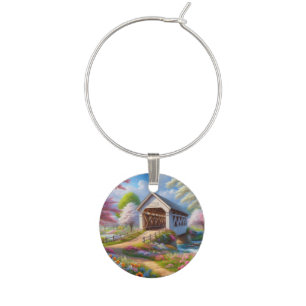 Colorful spring/floral covered bridge & river wine charm
