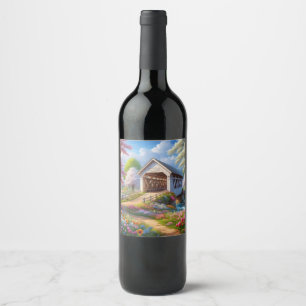 Colorful spring/floral covered bridge & river wine label