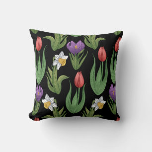 Colorful Spring Floral Illustration on Black Throw Pillow