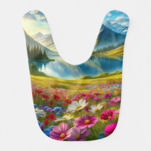 Colorful spring/floral mountain lake baby bib