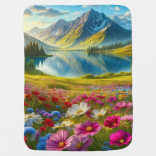 Colorful spring/floral mountain lake baby blanket