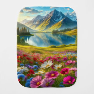 Colorful spring/floral mountain lake baby burp cloth