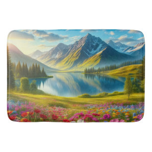 Colorful spring/floral mountain lake bath mat
