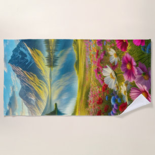 Colorful spring/floral mountain lake beach towel