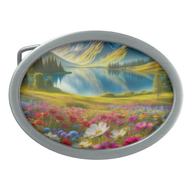 Colorful spring/floral mountain lake belt buckle (Front)