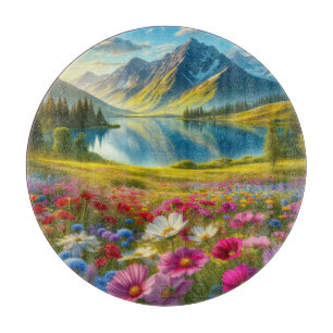 Colorful spring/floral mountain lake cutting board