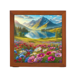 Colorful spring/floral mountain lake desk organizer