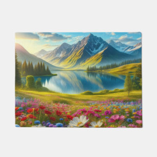 Colorful spring/floral mountain lake doormat
