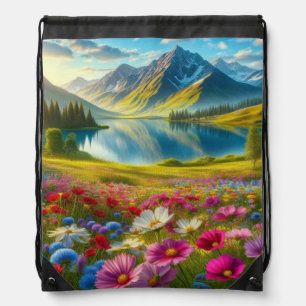 Colorful spring/floral mountain lake drawstring bag