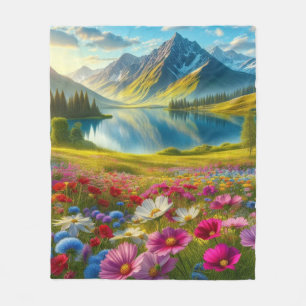 Colorful spring/floral mountain lake fleece blanket