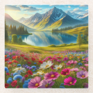 Colorful spring/floral mountain lake glass coaster