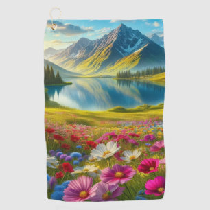 Colorful spring/floral mountain lake golf towel