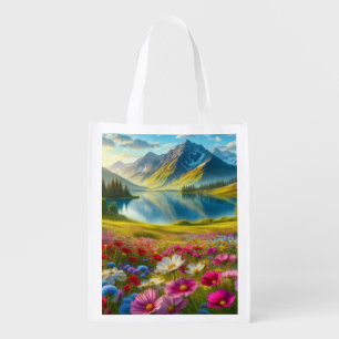 Colorful spring/floral mountain lake grocery bag