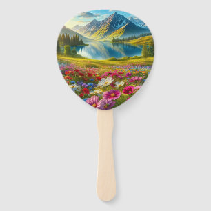 Colorful spring/floral mountain lake hand fan