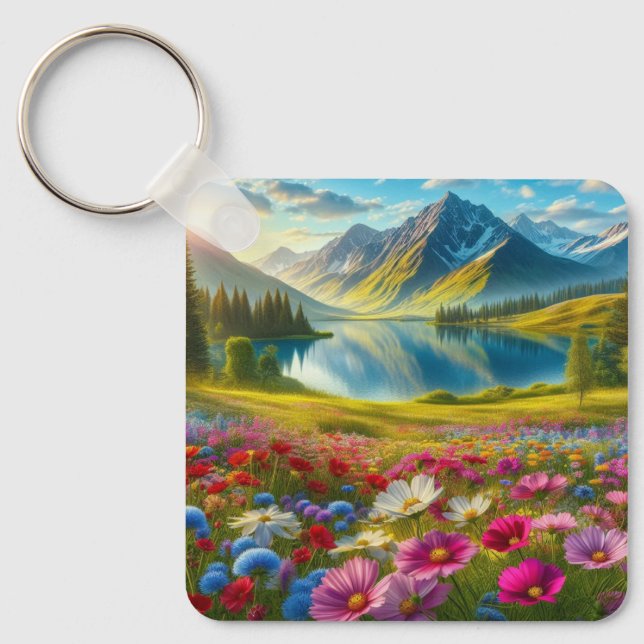 Colorful spring/floral mountain lake keychain (Front)