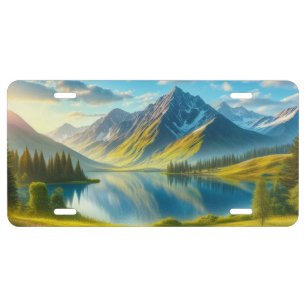 Colorful spring/floral mountain lake license plate