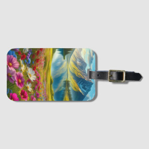 Colorful spring/floral mountain lake luggage tag