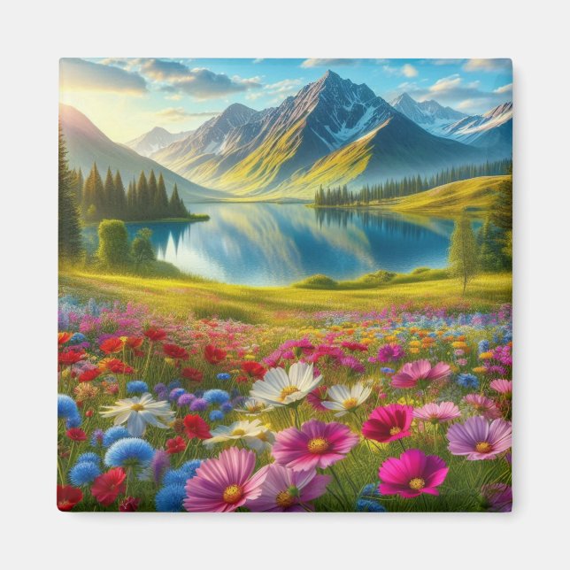 Colorful spring/floral mountain lake magnet (Front)