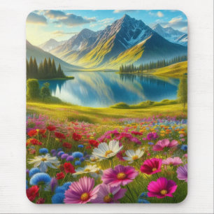 Colorful spring/floral mountain lake mouse pad