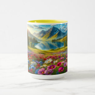 Colorful spring/floral mountain lake mug