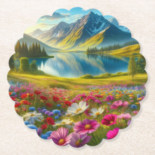 Colorful spring/floral mountain lake paper coaster