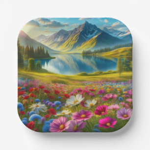 Colorful spring/floral mountain lake paper plates