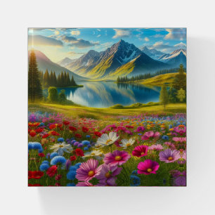 Colorful spring/floral mountain lake paperweight